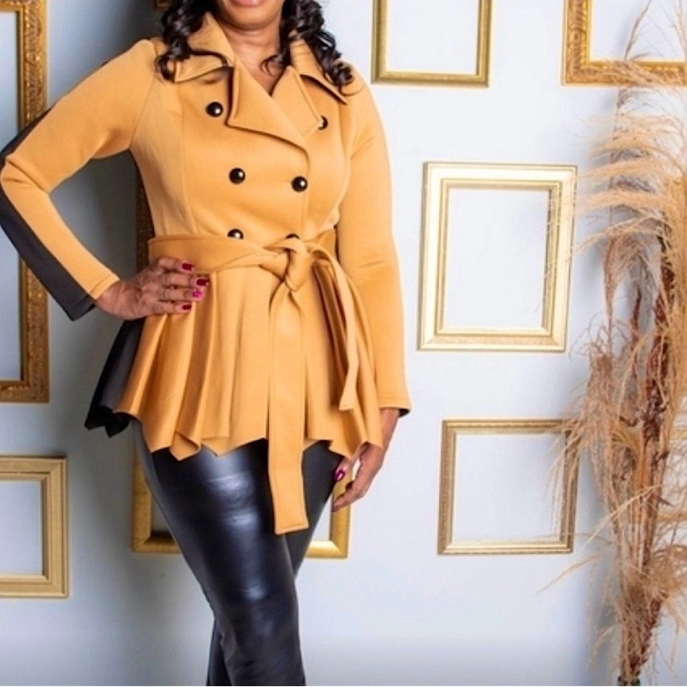 NEW Double-Breasted Peplum Peacoat, Black & Tan, Size Medium